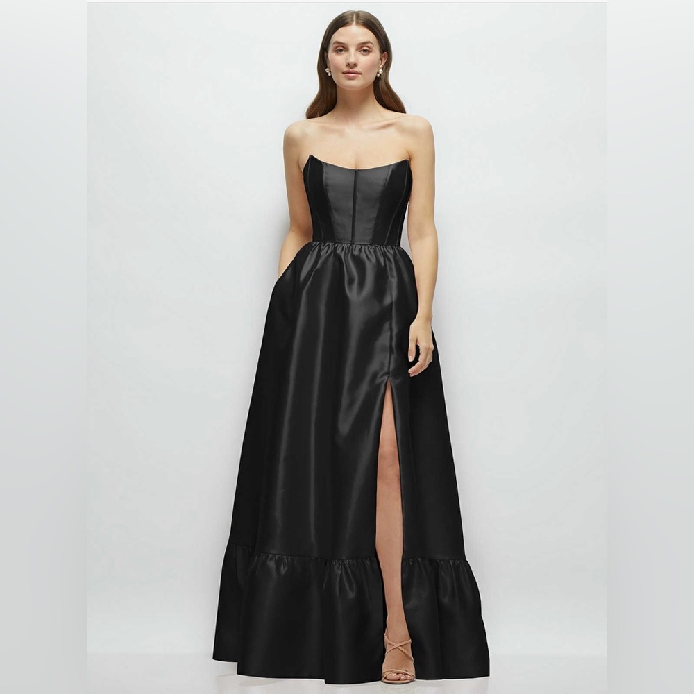 Dessy Strapless Cat Eye Boned Bodice with Ruffle Hem in Black Satin Twill